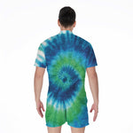 Blue Green And White Tie Dye Print Men's Rompers