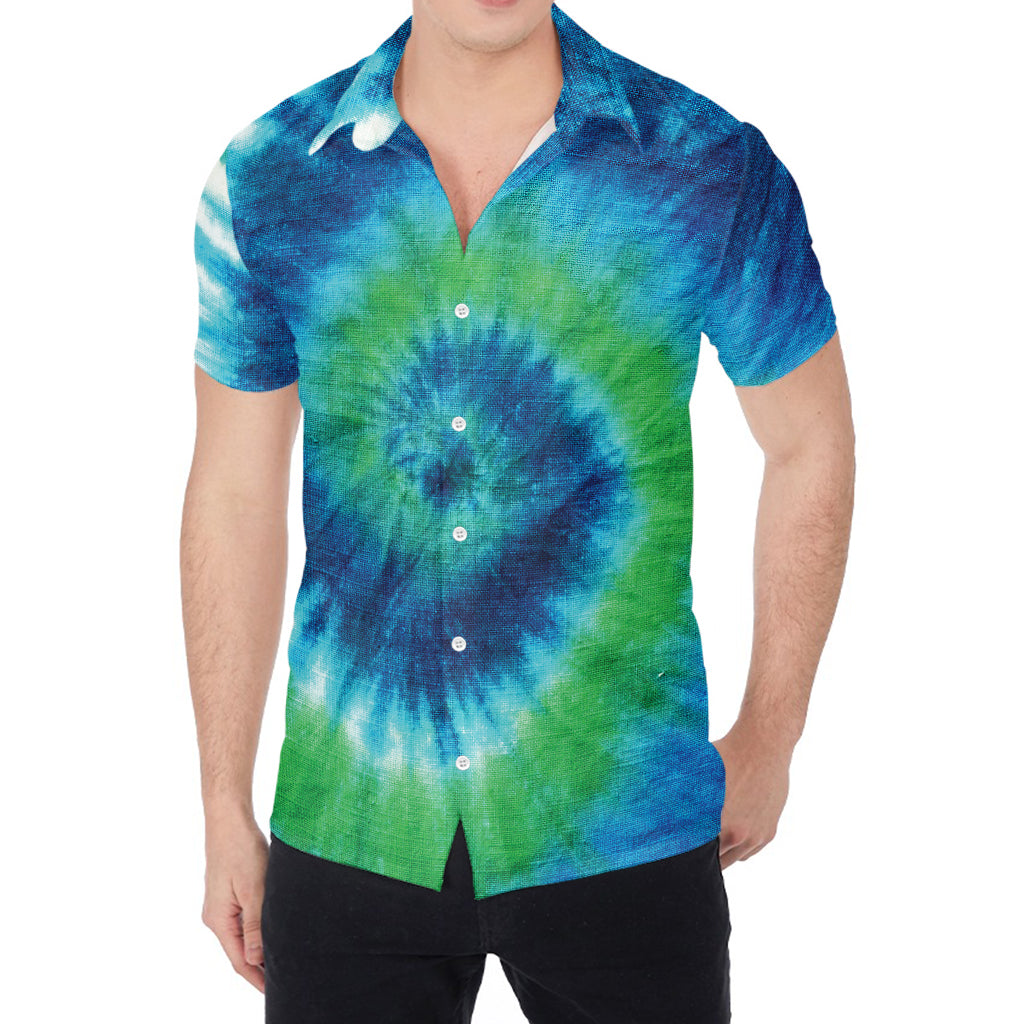 Blue Green And White Tie Dye Print Men's Shirt