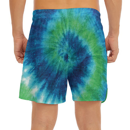 Blue Green And White Tie Dye Print Men's Split Running Shorts