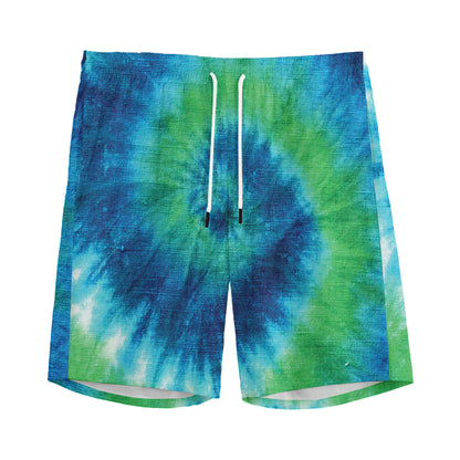 Blue Green And White Tie Dye Print Men's Sports Shorts