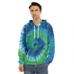 Blue Green And White Tie Dye Print Men's Velvet Pullover Hoodie
