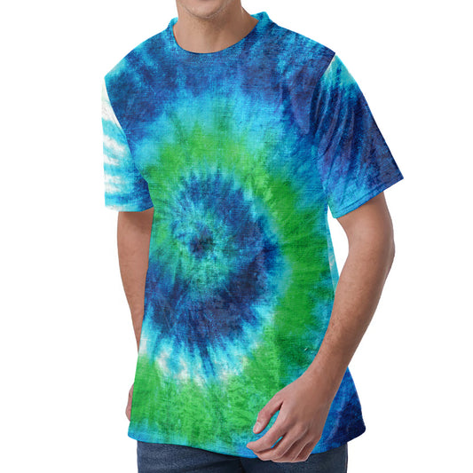 Blue Green And White Tie Dye Print Men's Velvet T-Shirt