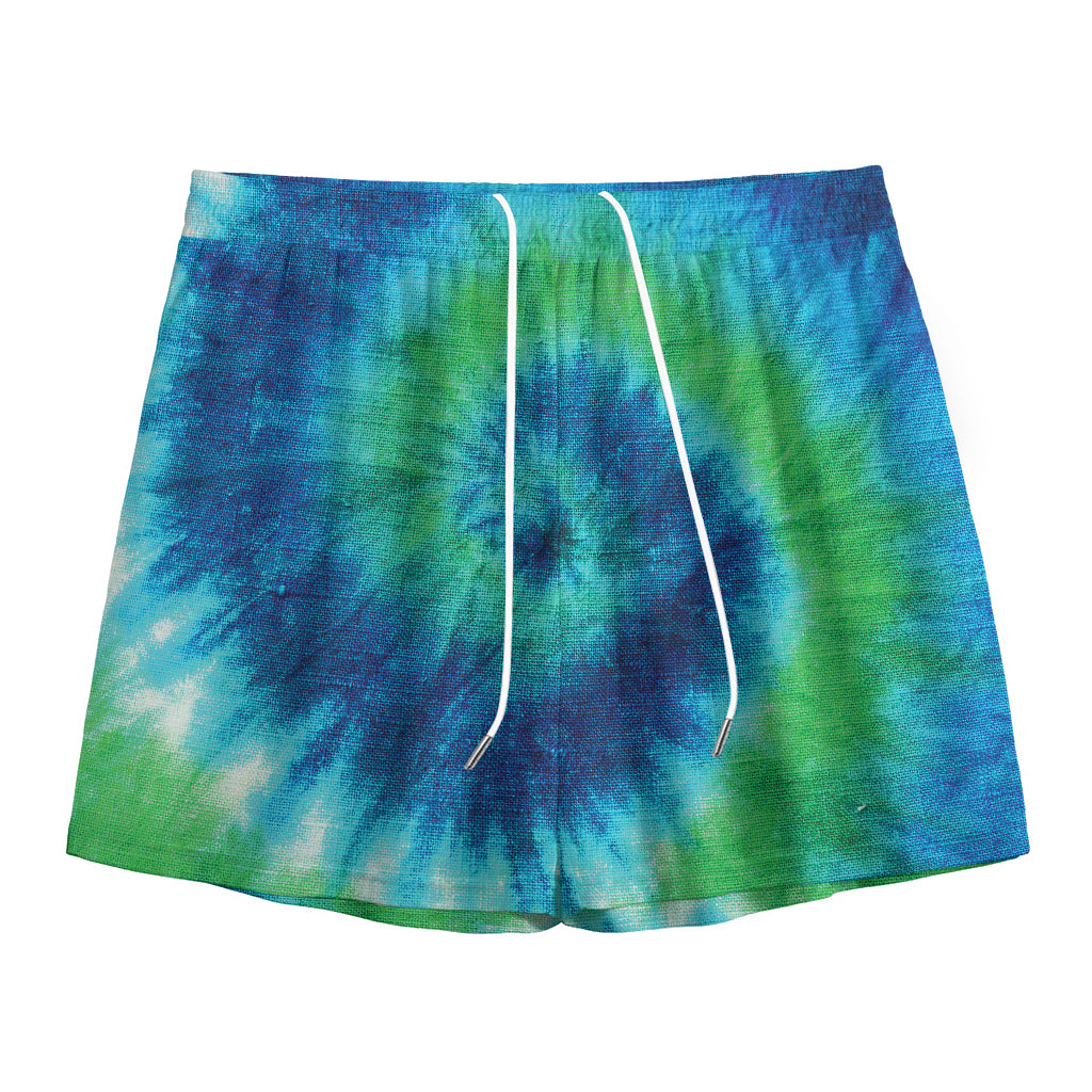 Blue Green And White Tie Dye Print Mesh Shorts