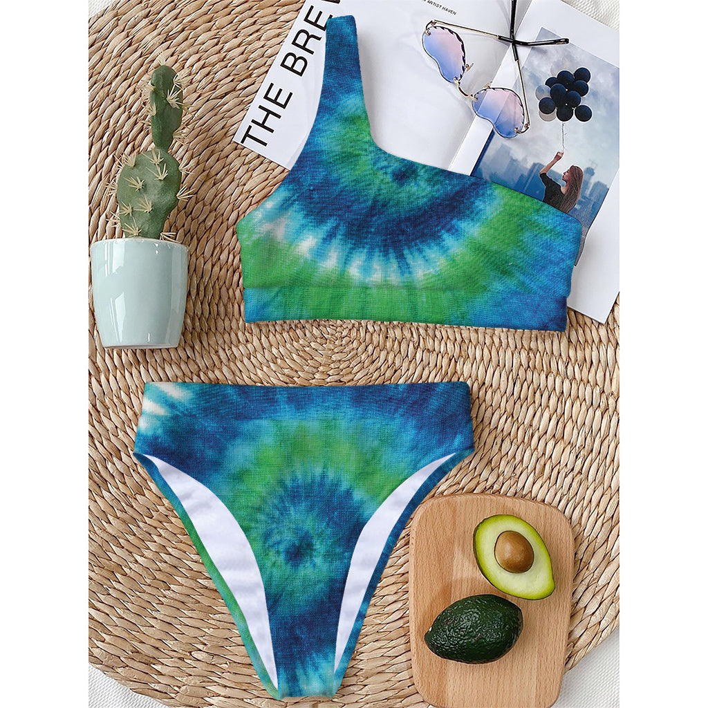 Blue Green And White Tie Dye Print One Shoulder Bikini Top