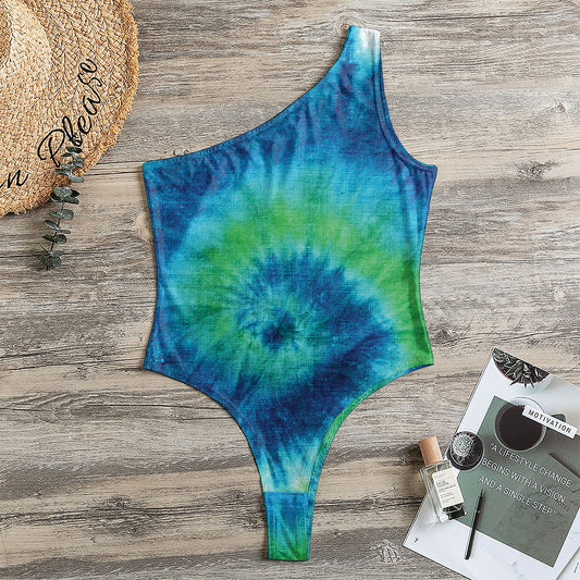 Blue Green And White Tie Dye Print One Shoulder Bodysuit