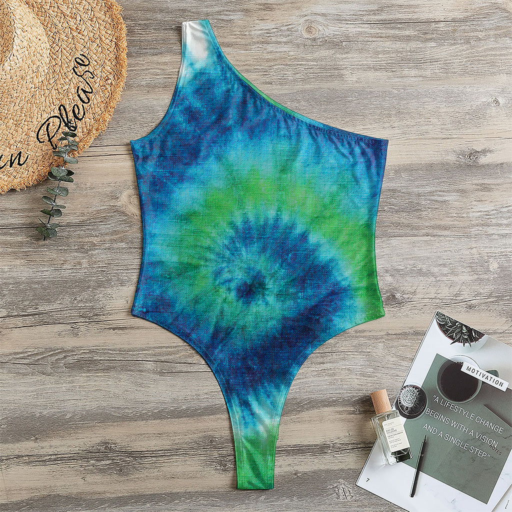 Blue Green And White Tie Dye Print One Shoulder Bodysuit