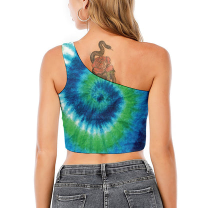 Blue Green And White Tie Dye Print One Shoulder Crop Top