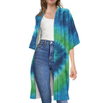 Blue Green And White Tie Dye Print Open Front Beach Cover Up