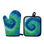 Blue Green And White Tie Dye Print Oven Mitt And Pot Holder Set
