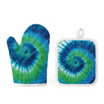 Blue Green And White Tie Dye Print Oven Mitt And Pot Holder Set