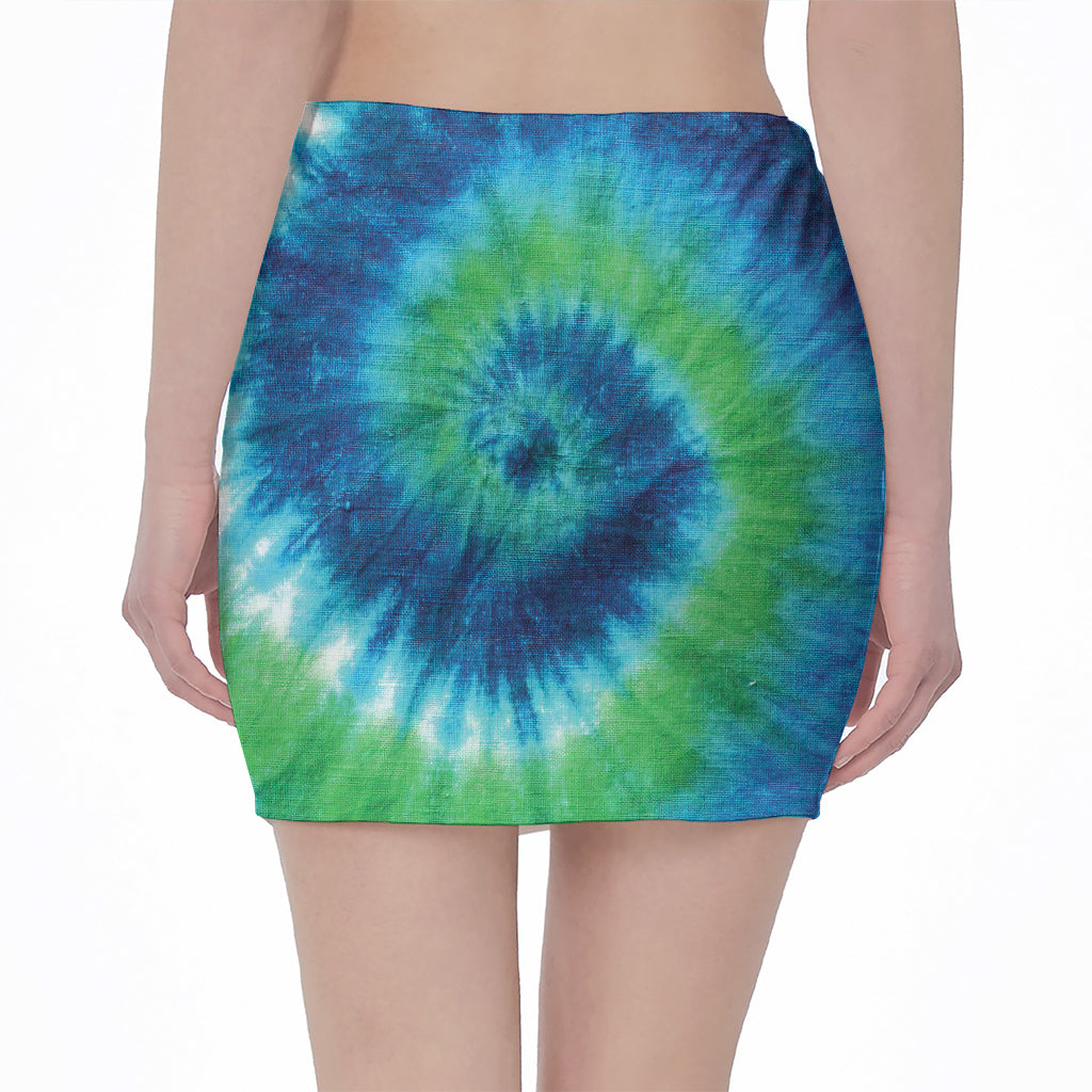Blue Green And White Tie Dye Print Pencil Mini Skirt