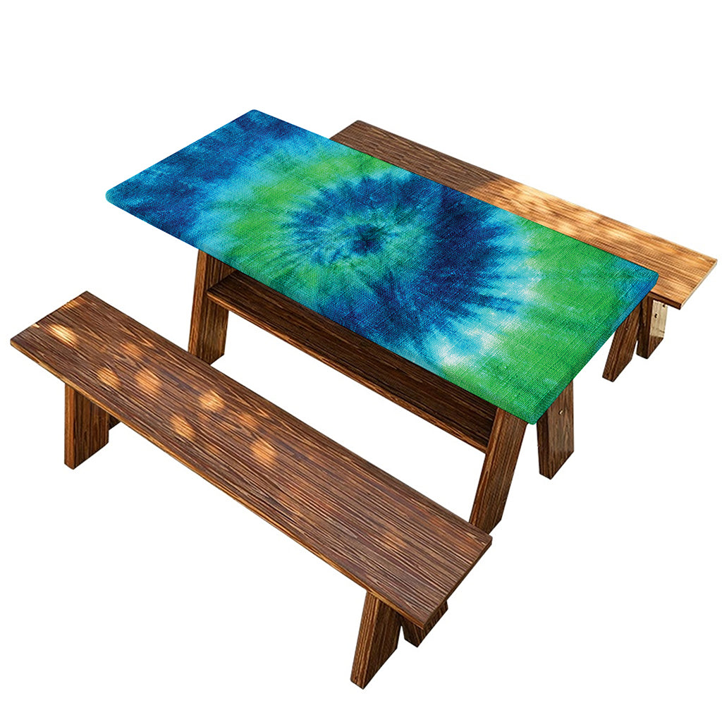 Blue Green And White Tie Dye Print Picnic Table Cover