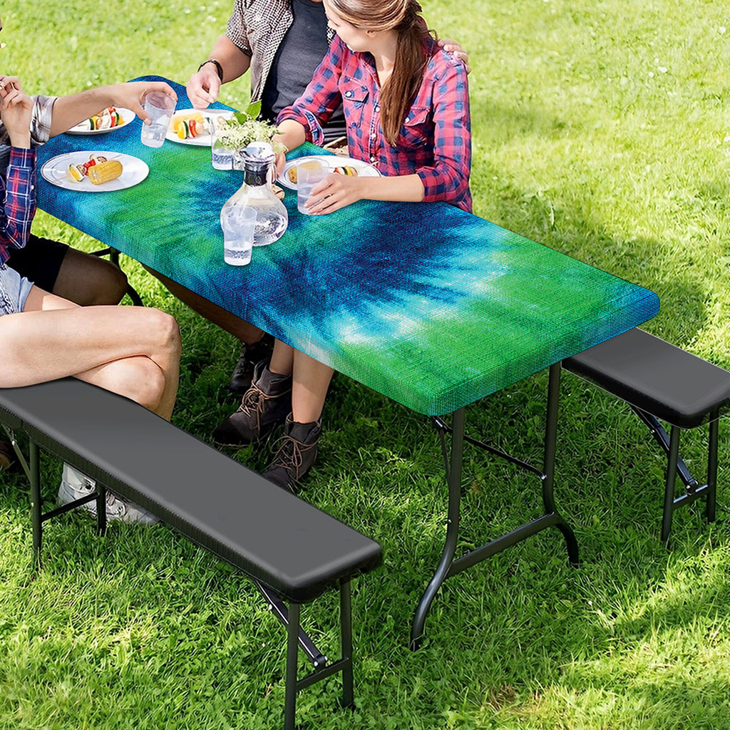 Blue Green And White Tie Dye Print Picnic Table Cover