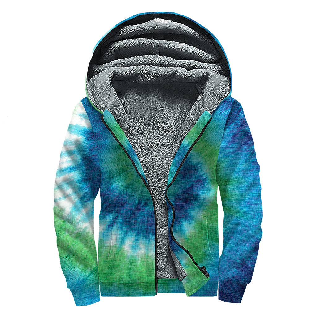 Blue Green And White Tie Dye Print Sherpa Lined Zip Up Hoodie