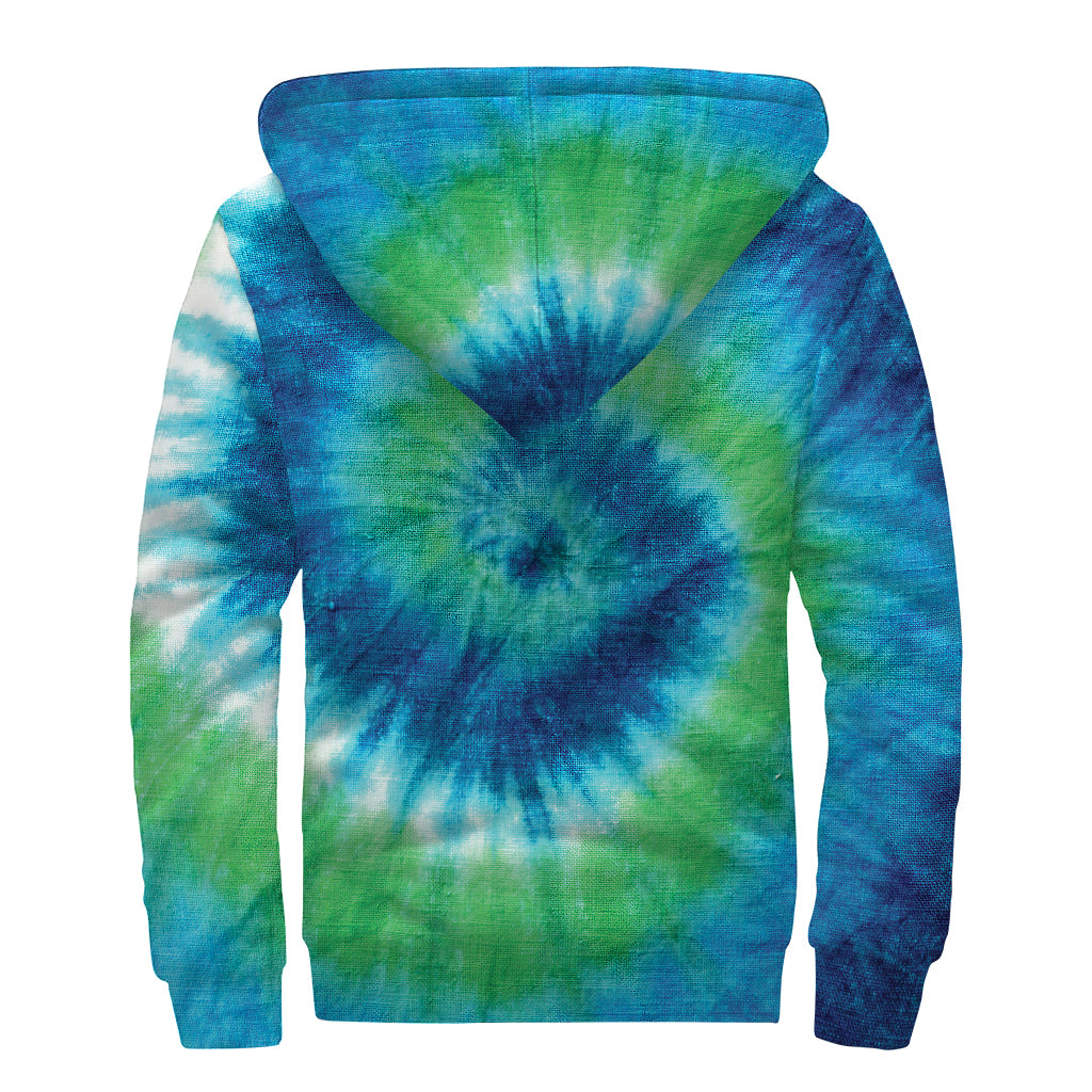 Blue Green And White Tie Dye Print Sherpa Lined Zip Up Hoodie