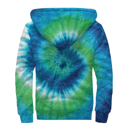 Blue Green And White Tie Dye Print Sherpa Lined Zip Up Hoodie
