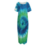 Blue Green And White Tie Dye Print Short Sleeve Long Nightdress