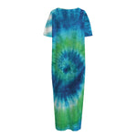 Blue Green And White Tie Dye Print Short Sleeve Long Nightdress