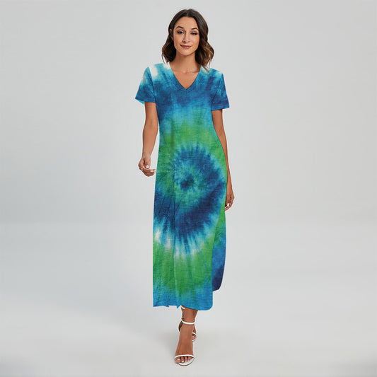 Blue Green And White Tie Dye Print Short Sleeve Maxi Dress