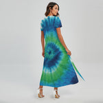Blue Green And White Tie Dye Print Short Sleeve Maxi Dress
