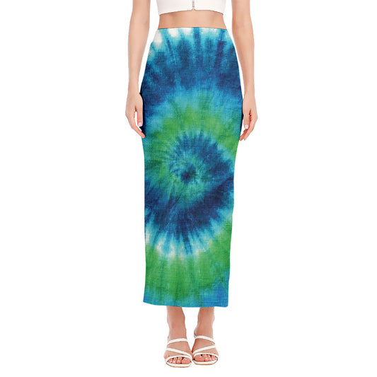Blue Green And White Tie Dye Print Side Slit Maxi Skirt
