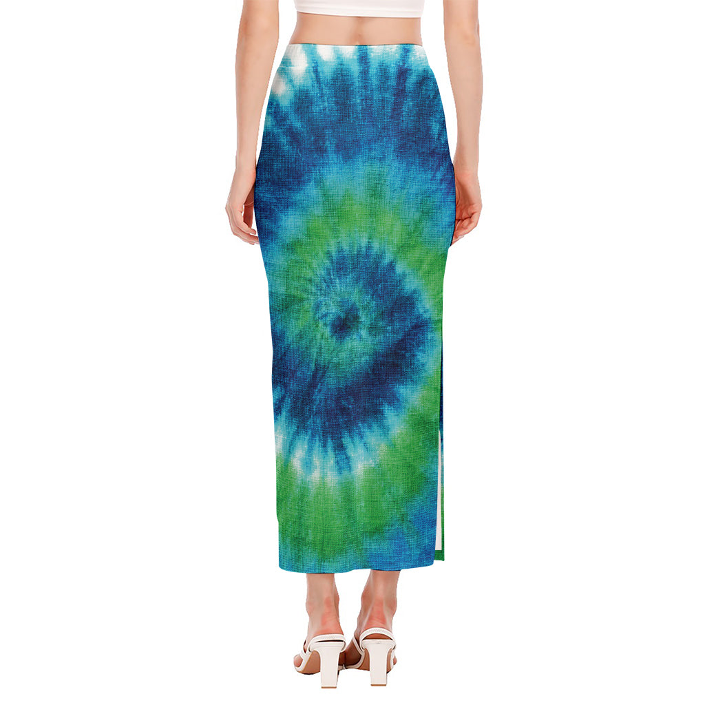 Blue Green And White Tie Dye Print Side Slit Maxi Skirt