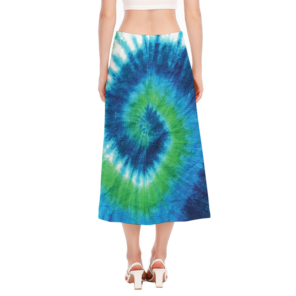 Blue Green And White Tie Dye Print Side Slit Midi Skirt