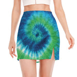 Blue Green And White Tie Dye Print Side Slit Mini Skirt