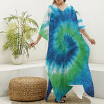 Blue Green And White Tie Dye Print Silk V-Neck Kaftan Dress