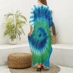 Blue Green And White Tie Dye Print Silk V-Neck Kaftan Dress