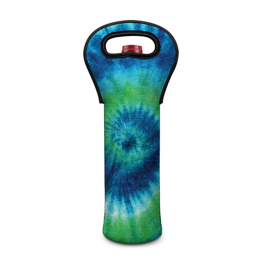 Blue Green And White Tie Dye Print Single Neoprene Wine Tote