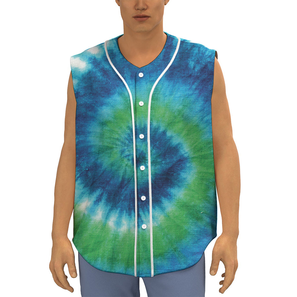Blue Green And White Tie Dye Print Sleeveless Baseball Jersey