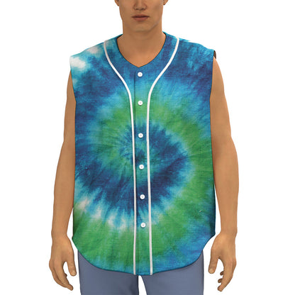Blue Green And White Tie Dye Print Sleeveless Baseball Jersey