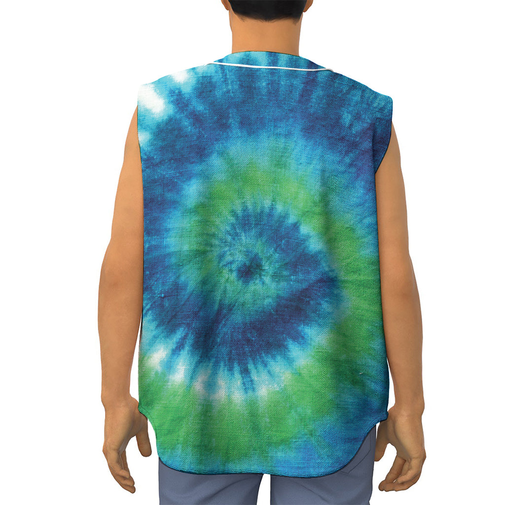 Blue Green And White Tie Dye Print Sleeveless Baseball Jersey