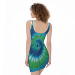 Blue Green And White Tie Dye Print Sleeveless Bodycon Dress