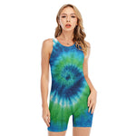 Blue Green And White Tie Dye Print Sleeveless One Piece Swimsuit