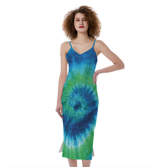 Blue Green And White Tie Dye Print Slim Fit Midi Cami Dress
