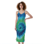 Blue Green And White Tie Dye Print Slim Fit Midi Cami Dress