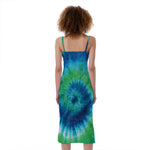Blue Green And White Tie Dye Print Slim Fit Midi Cami Dress