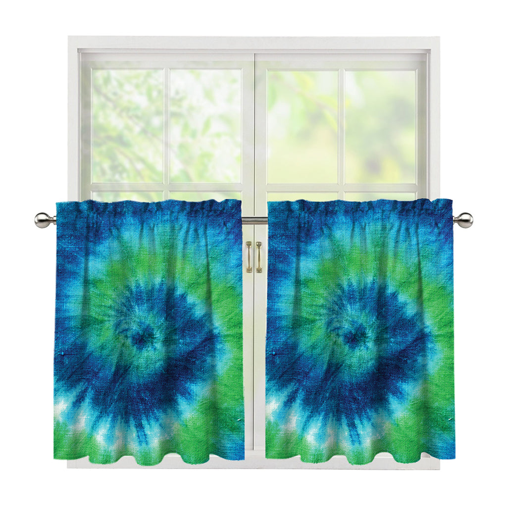 Blue Green And White Tie Dye Print Tier Curtains