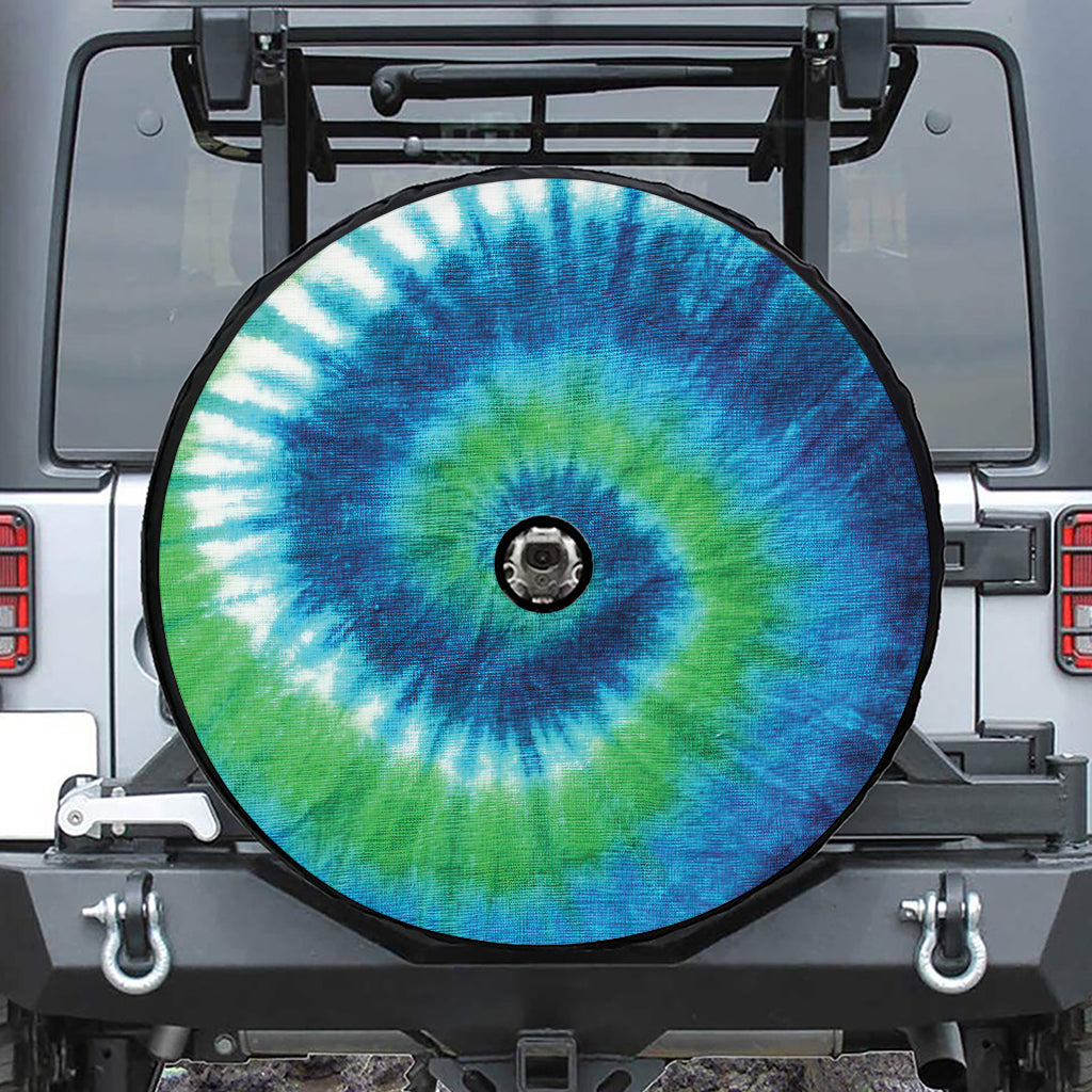 Blue Green And White Tie Dye Print Tire Cover With Camera Hole
