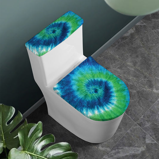 Blue Green And White Tie Dye Print Toilet Lid And Tank Cover Set