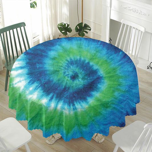 Blue Green And White Tie Dye Print Waterproof Round Tablecloth