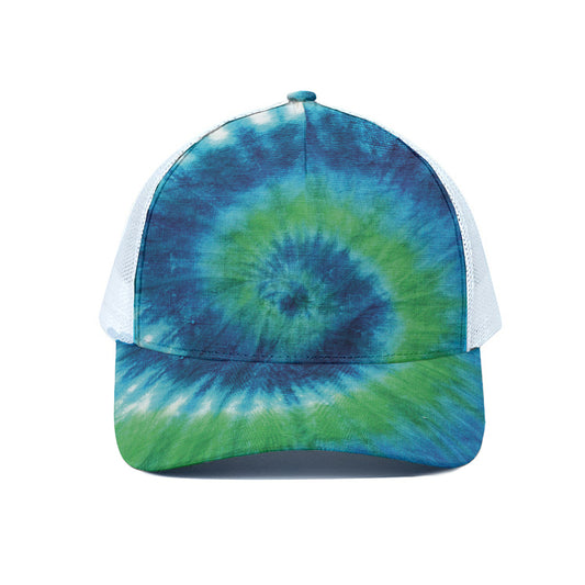 Blue Green And White Tie Dye Print White Mesh Trucker Cap