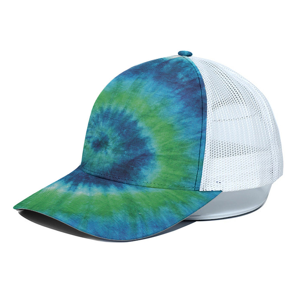 Blue Green And White Tie Dye Print White Mesh Trucker Cap