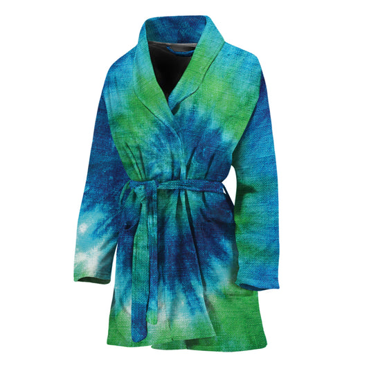 Blue Green And White Tie Dye Print Women's Bathrobe