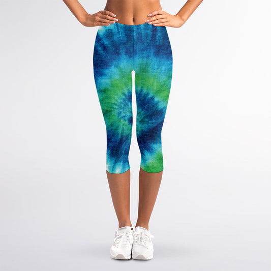 Blue Green And White Tie Dye Print Women's Capri Leggings