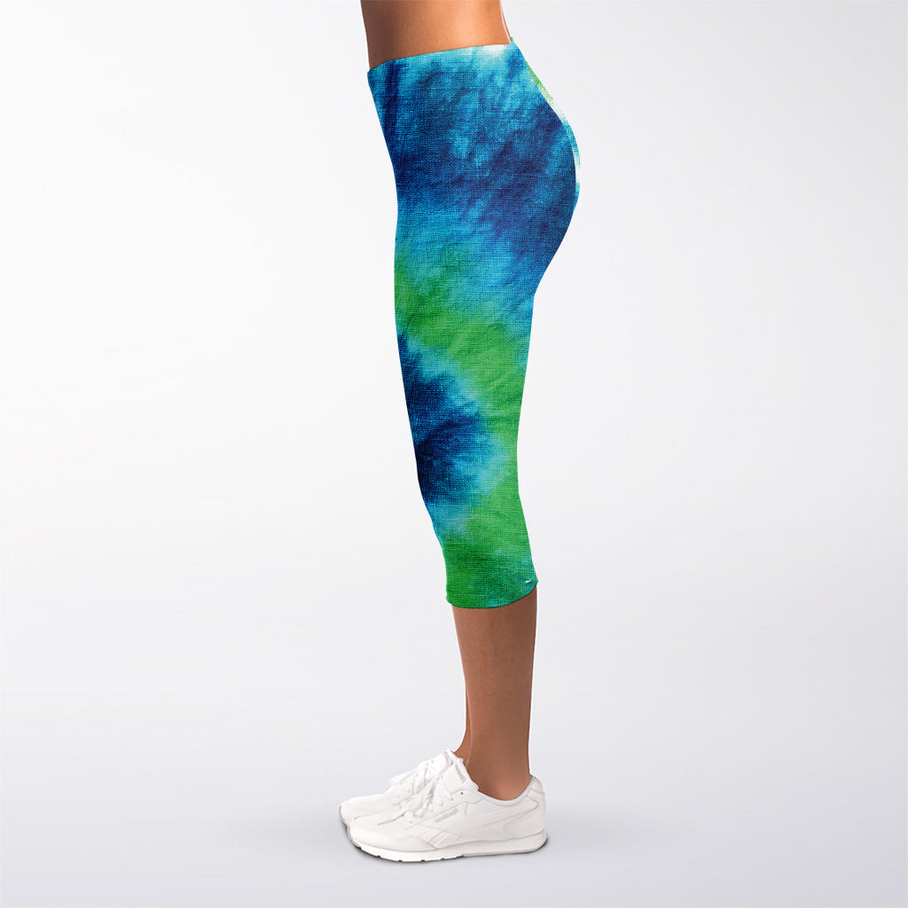 Blue Green And White Tie Dye Print Women's Capri Leggings