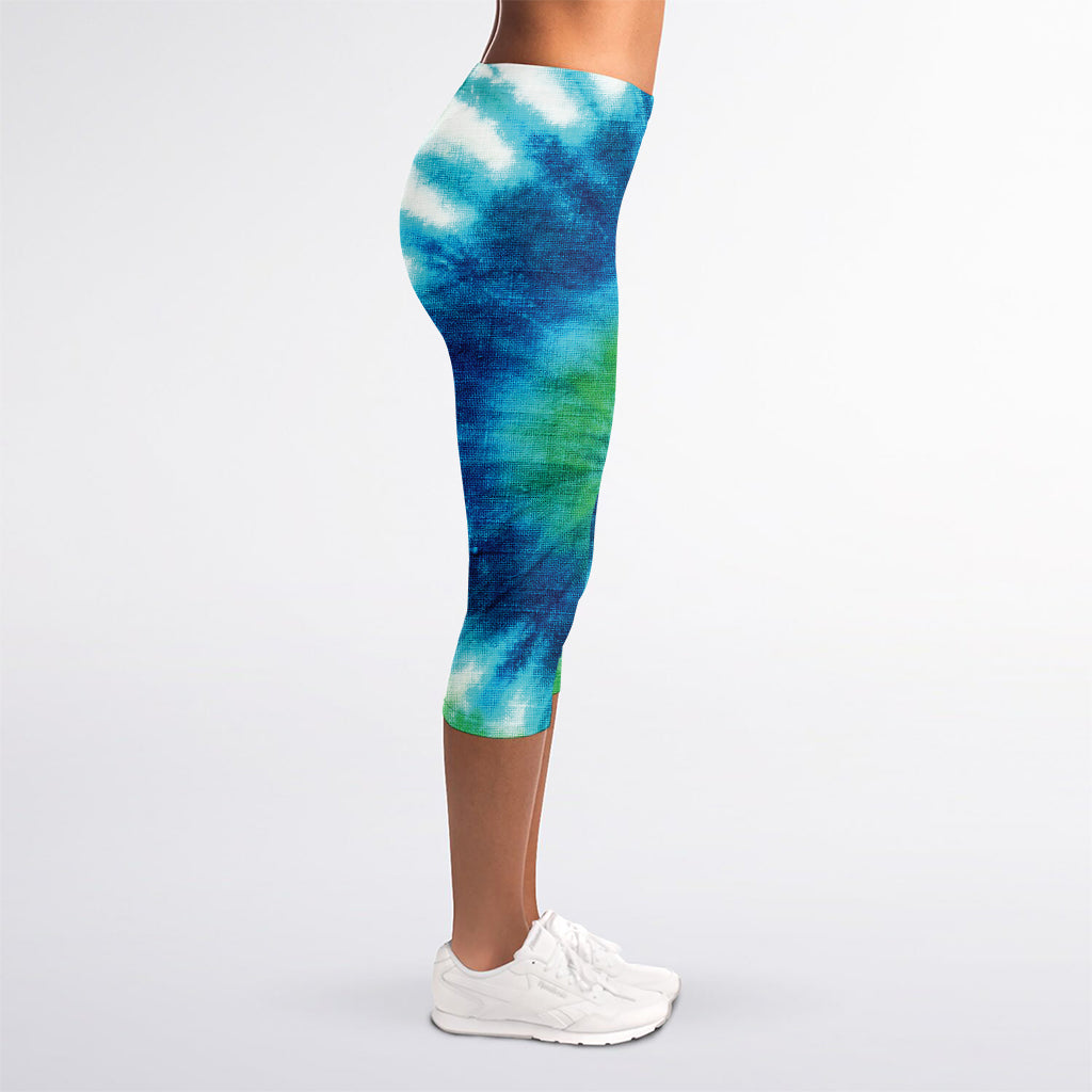 Blue Green And White Tie Dye Print Women's Capri Leggings