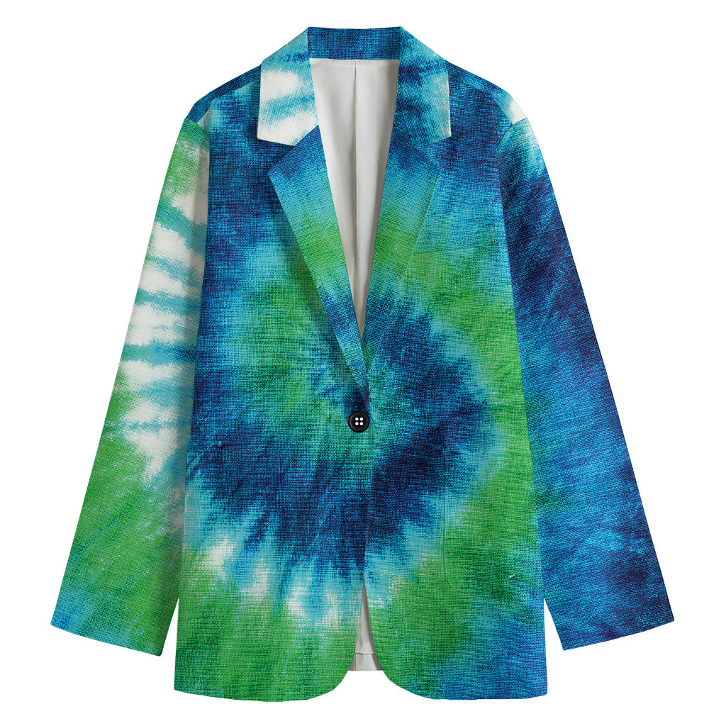 Blue Green And White Tie Dye Print Women's Cotton Blazer